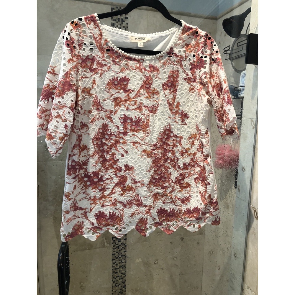 Anthropologie Porridge Arber Eyelet Lace Blouse Floral Bird Print White Red Sz S